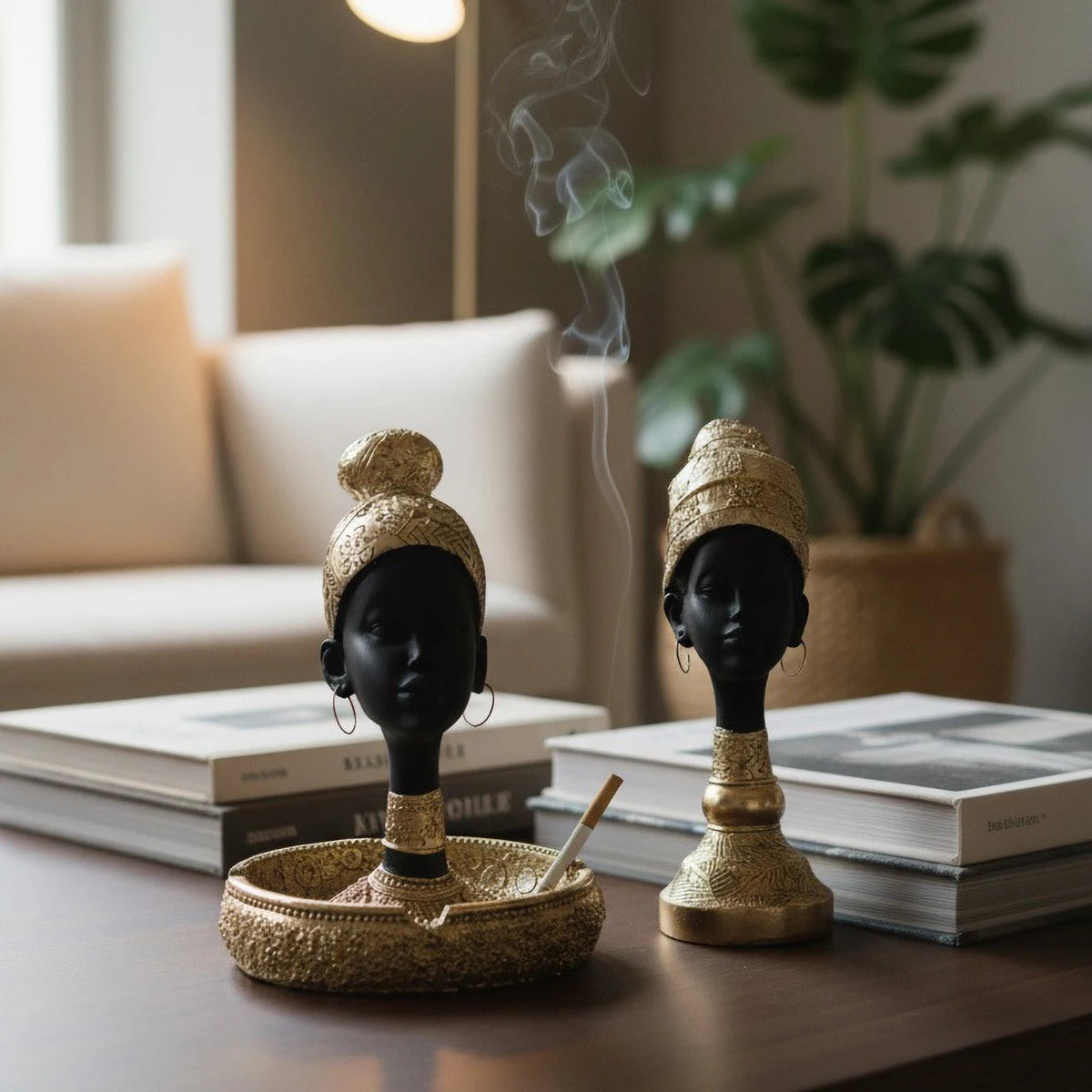 Resin African-Style Sculpture (Black & Gold) , Multi-Functional Decor/Candle Holder for Desk/Shelf, Luxury Home Accent