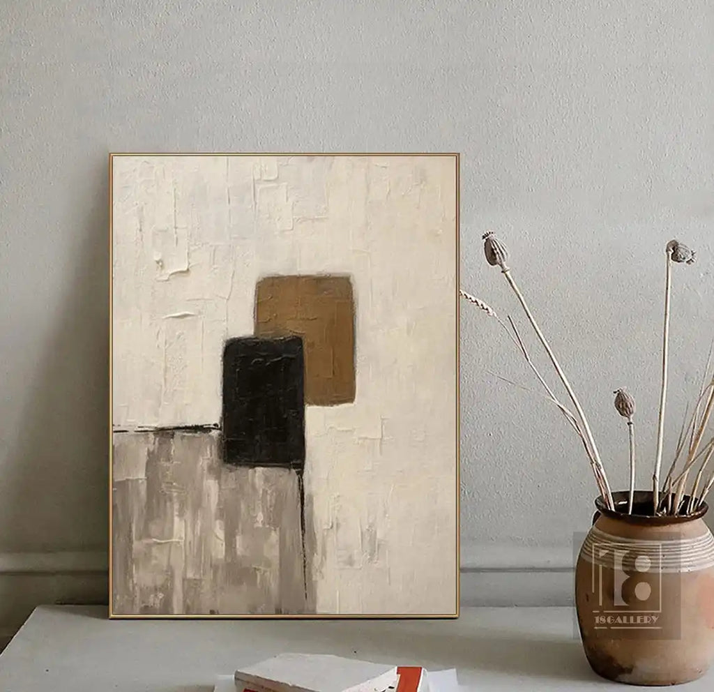 Large Creamy Beige Abstract Geometric Oil Painting Modern Wabi Sabi Wall Art Brown Black Minimalist Wall Art Textured Painting