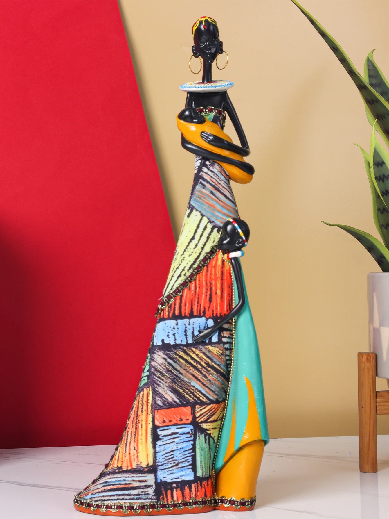 "Milky Bond" African Mother Resin Statue Nursing Baby Sculpture with Tribal Patterns, Bedroom Living Room Home Art Decor