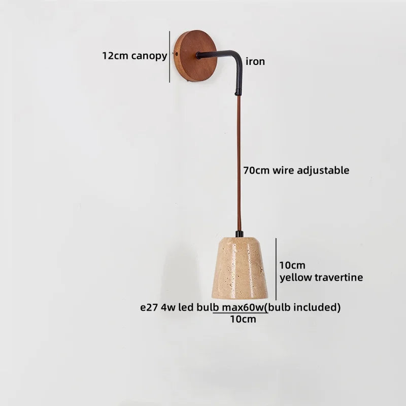 IWHD Pull Chain Switch LED Wall Lights Indoor Bedroom Balcony Wood Yellow Stone Shade Wire Adjustable Bedside Lamp Lampara Pared