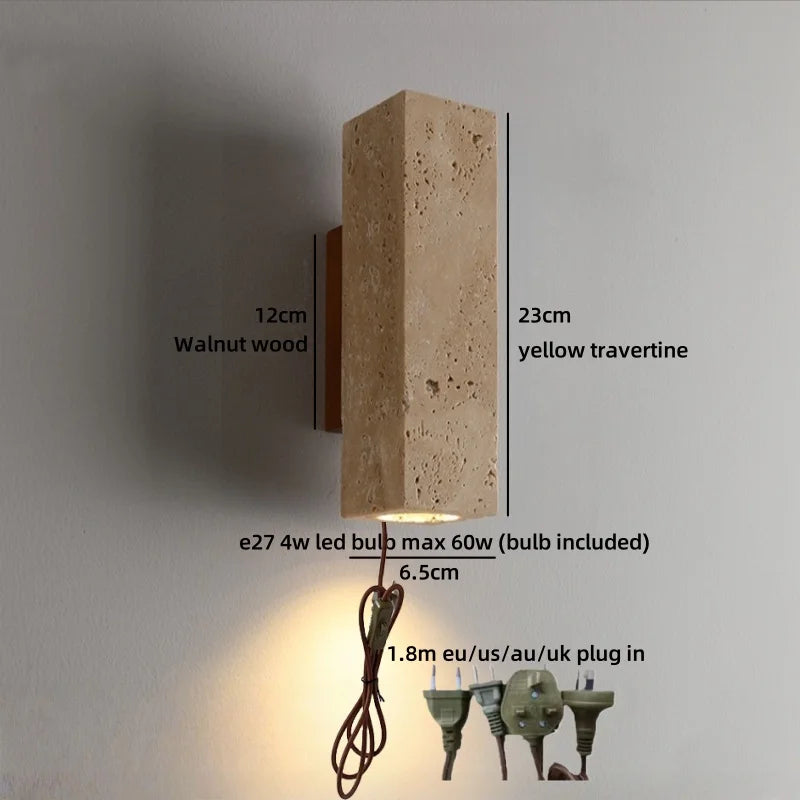 IWHD Pull Chain Switch LED Wall Lights Indoor Bedroom Balcony Wood Yellow Stone Shade Wire Adjustable Bedside Lamp Lampara Pared