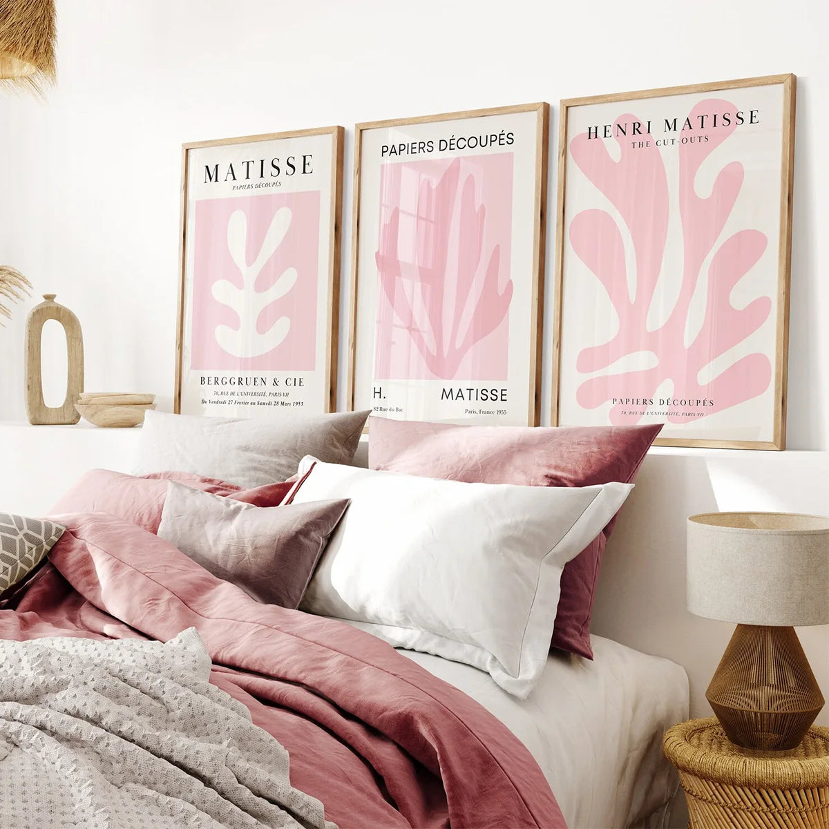 Set of 3 Pink Matisse Abstract Leaf Wall Art Large Canvas Prints, Blush Pink Matisse, Henri Matisse Printed Bedroom Poster, Pink Wall Art for Women, Pink Home Decor, Abstract Art Matisse Prints, Pink Living Room Decor, Pink W