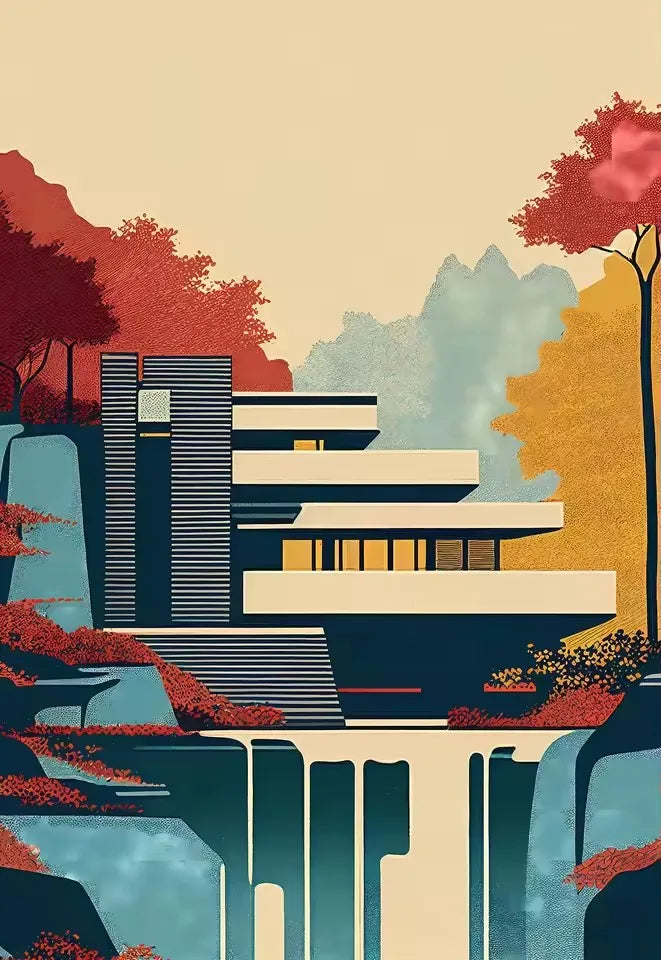 Minimalist Fallingwater House Bauhaus Classic Architecture Abstract Poster Canvas Painting Wall Art Pictures Living Home Decor