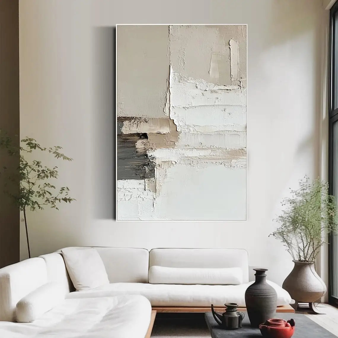 Neutral Textured Abstract Handmade Oil Painting Minimalist Modern Wall Art Beige White Canvas Art for Living Room Bedroom Decor