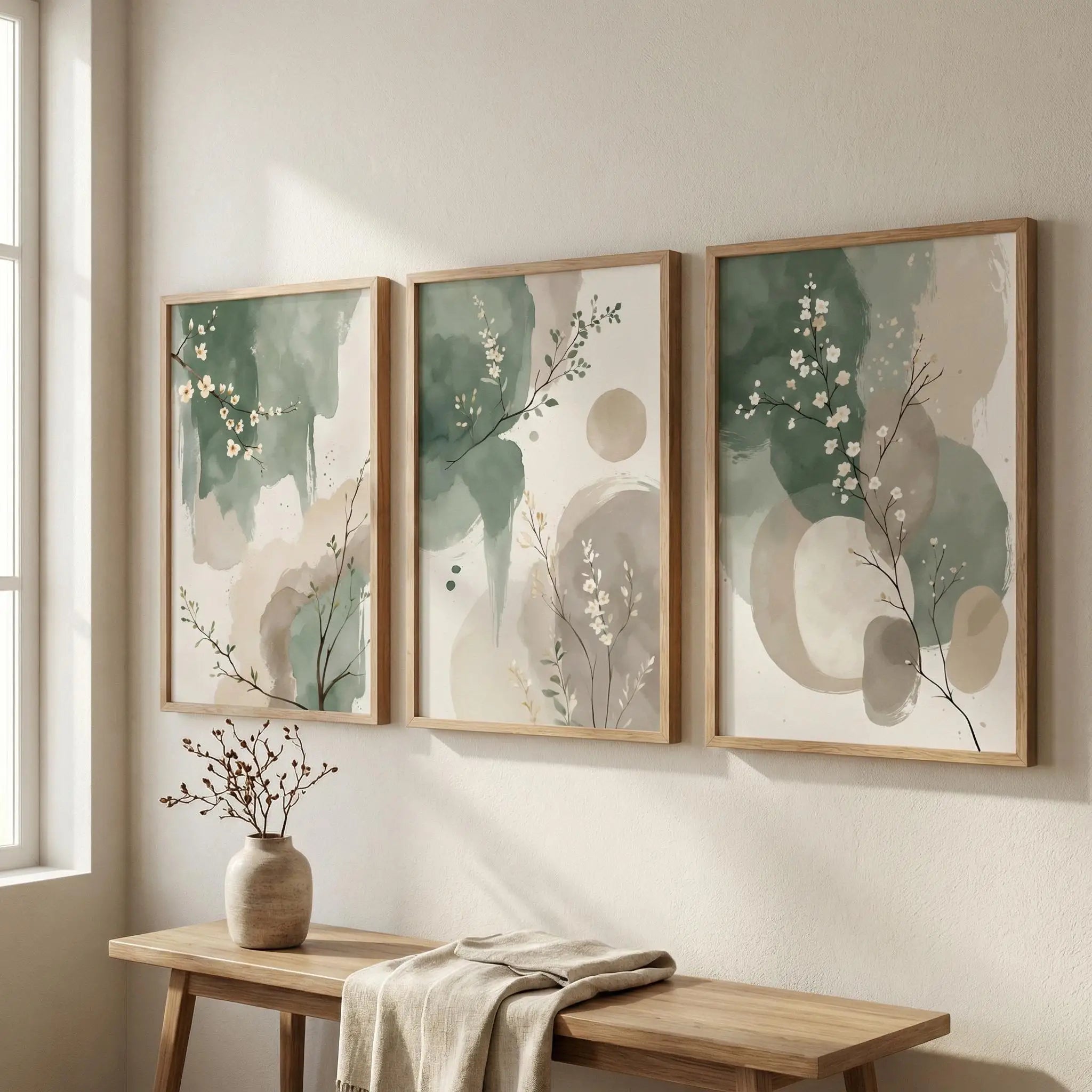 3PC Japandi Botanical Wall Art Poster Abstract Watercolor Leaves Sage Spring Green Beige Prints Modern Zen Decor Home Decor