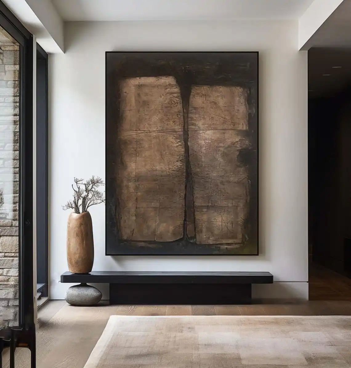Large Creamy Beige Abstract Geometric Oil Painting Modern Wabi Sabi Wall Art Brown Black Minimalist Wall Art Textured Painting