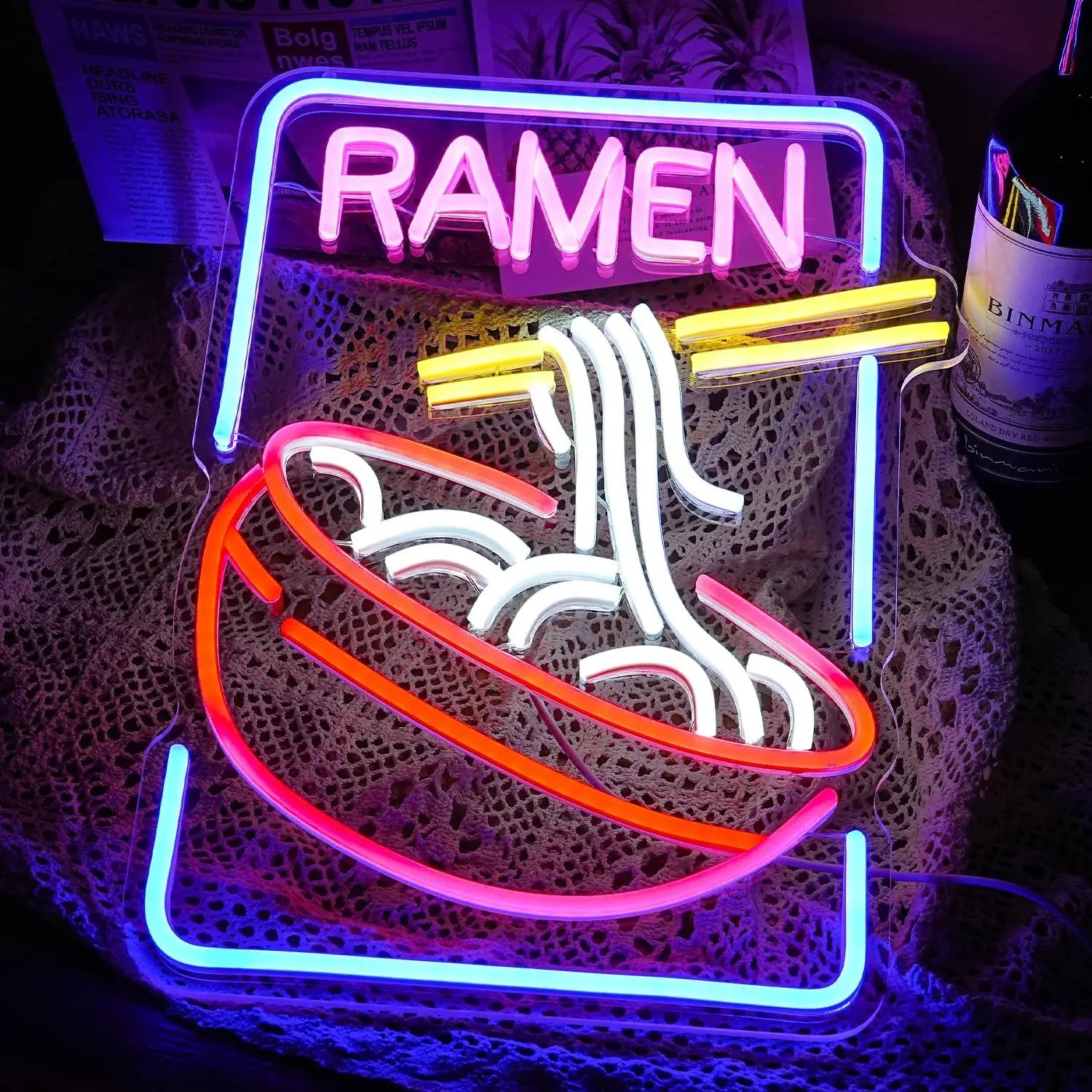 USB Dimmable Ramen Bowl Neon Sign with Noodles and Chopsticks LED Light for Japanese Restaurant Kitchen Decor Vibrant Wall Art