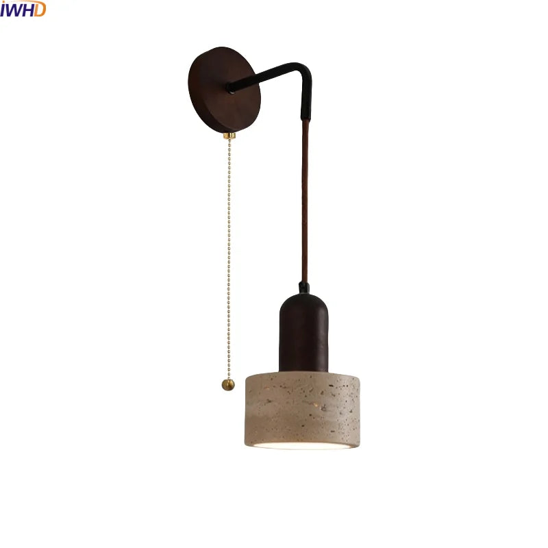 IWHD Pull Chain Switch LED Wall Lights Indoor Bedroom Balcony Wood Yellow Stone Shade Wire Adjustable Bedside Lamp Lampara Pared