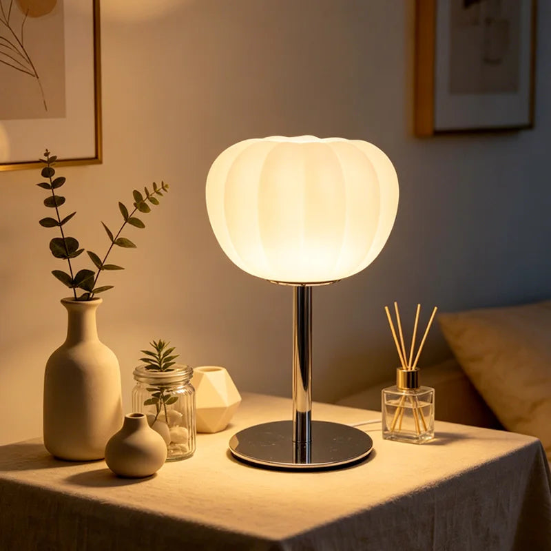 Pumpkin-Shaped Frosted Glass Table Lamp, Chrome Base LED Bedside Lamp for Bedroom, Living Room