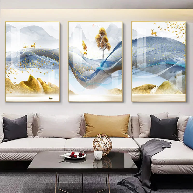 3 Nordic Luxury Ribbon Abstract Wall Art Landscape Modern Poster Print Picture Living Room Home Decorative Painting