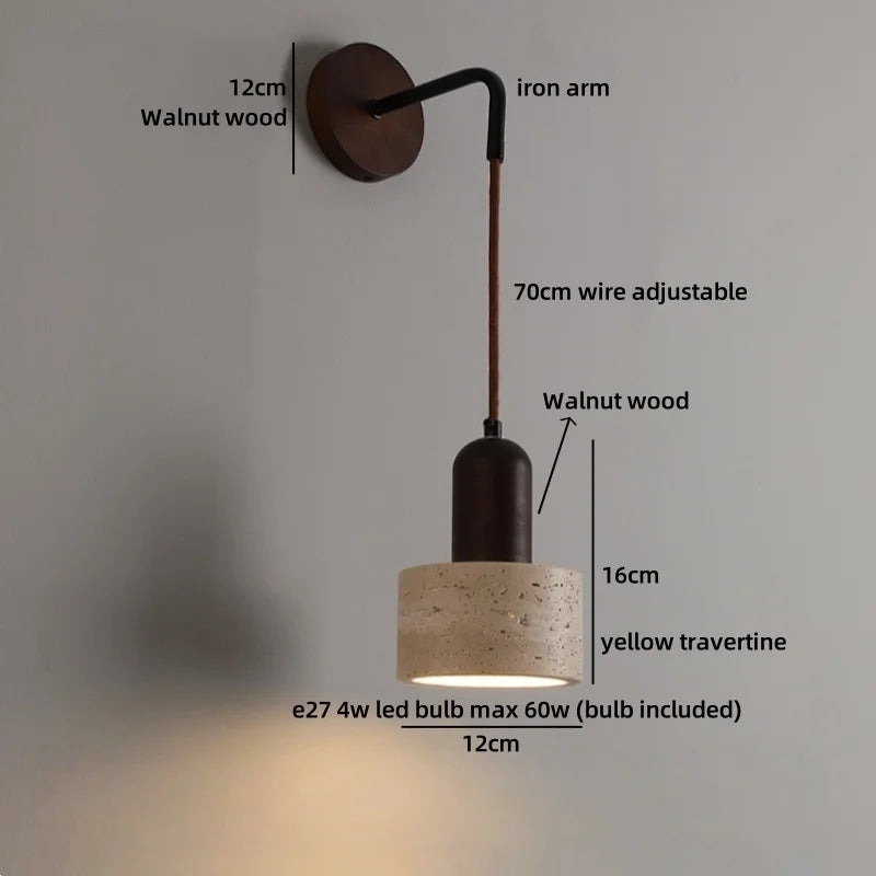 IWHD Pull Chain Switch LED Wall Lights Indoor Bedroom Balcony Wood Yellow Stone Shade Wire Adjustable Bedside Lamp Lampara Pared