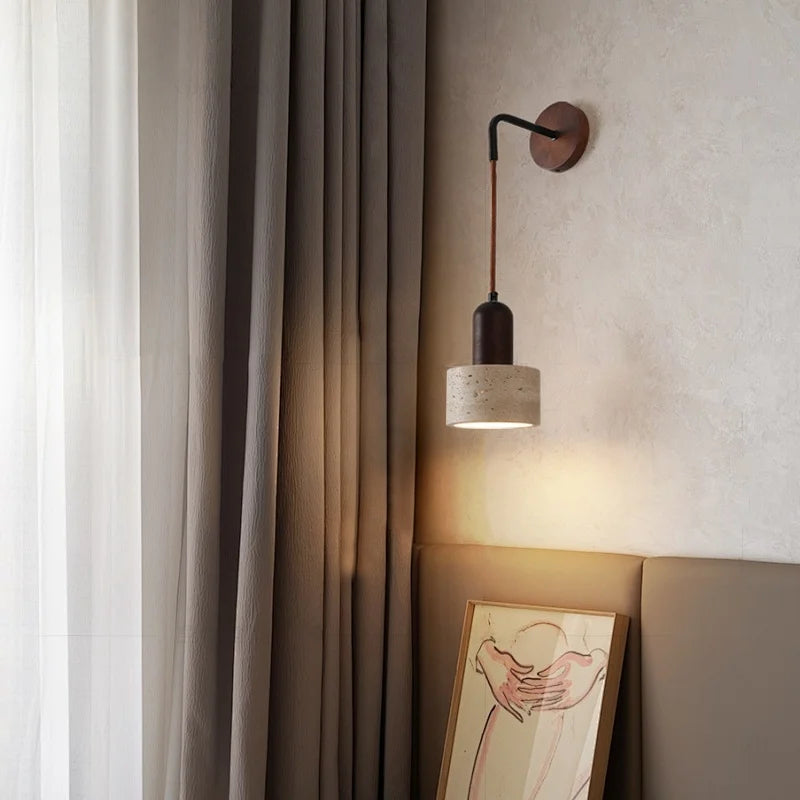 IWHD Pull Chain Switch LED Wall Lights Indoor Bedroom Balcony Wood Yellow Stone Shade Wire Adjustable Bedside Lamp Lampara Pared