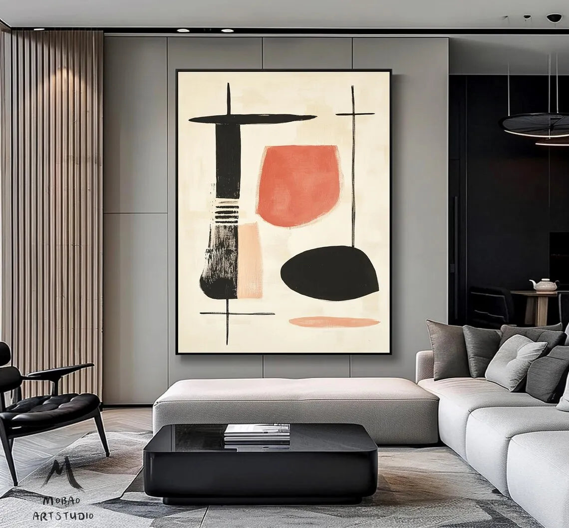 Beige Minimalist Handmade Painting Boho Canvas Wall Art Beige Abstract Painting Black Texture Painting Living Room Wall Decor
