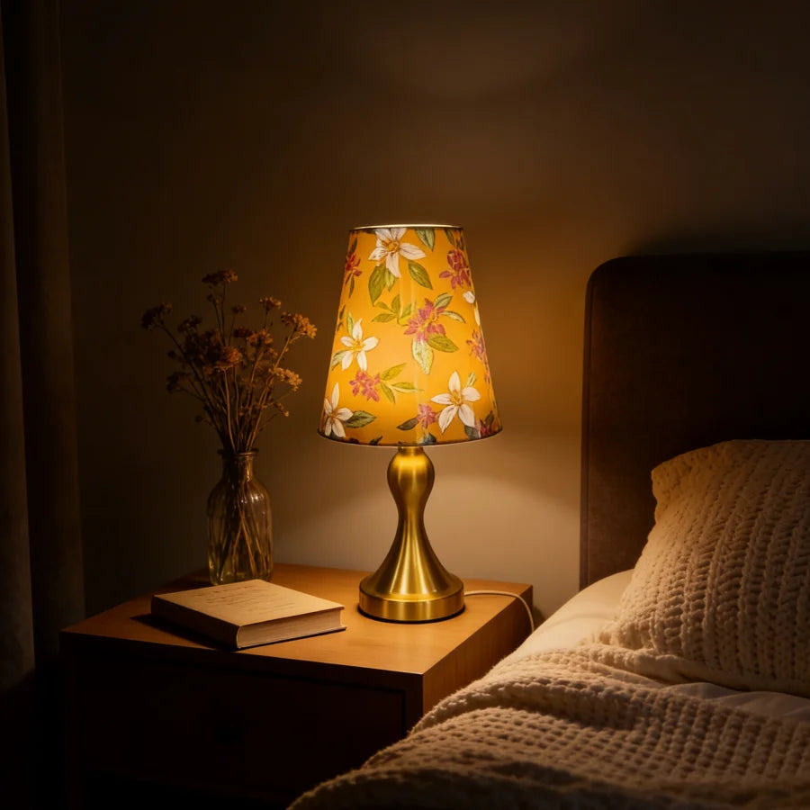 Table Lamp with Golden Base and Floral Fabric Lampshade, USB-Powered with Three-Tone Dimming, Suitable for Multiple Room Types