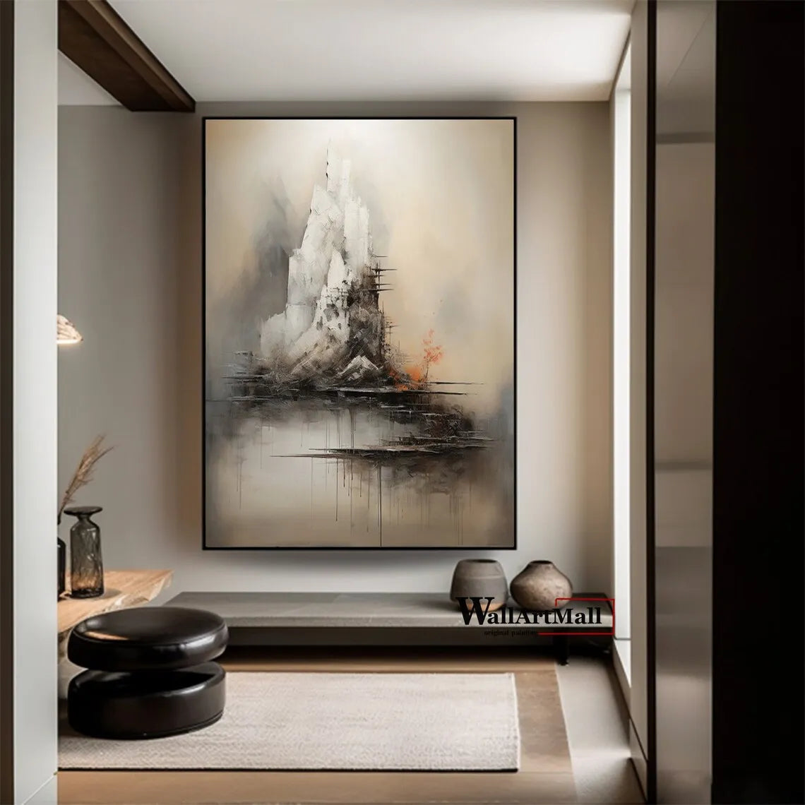 Large Abstract Black and Brown Minimalist Canvas Painting Wabi-sabi Handmade Painting Geometric Painting Gold Texture Wall Art