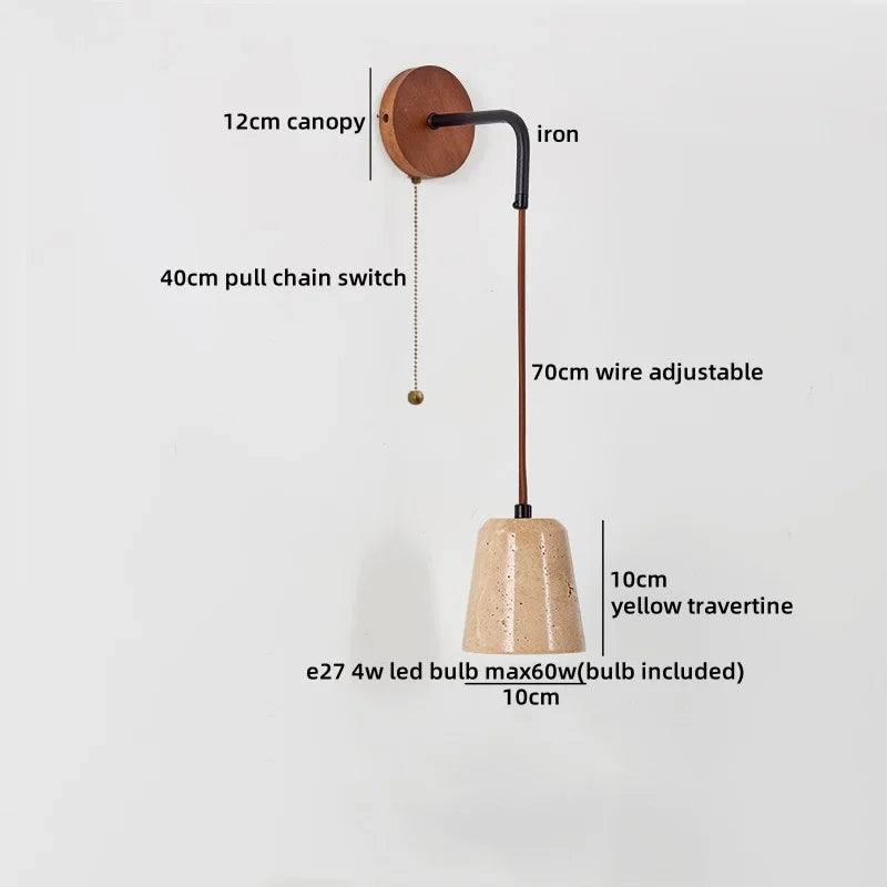 IWHD Pull Chain Switch LED Wall Lights Indoor Bedroom Balcony Wood Yellow Stone Shade Wire Adjustable Bedside Lamp Lampara Pared