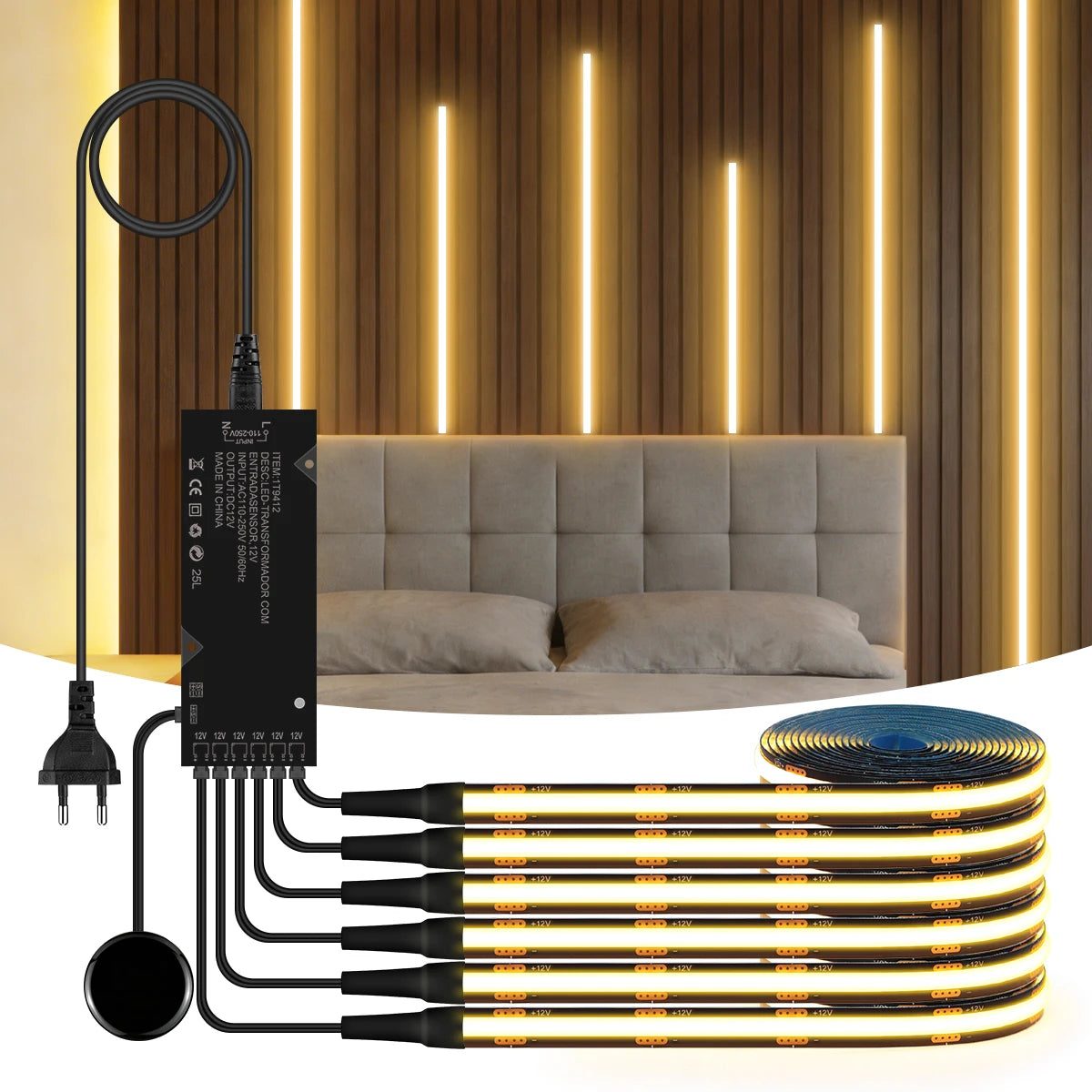 Walnut Wood Grille Acoustic Curtain Wall Panel LED Light Strip Black PCB COB Kit Touch Dimmable For Cabinet TV Backlight Decor
