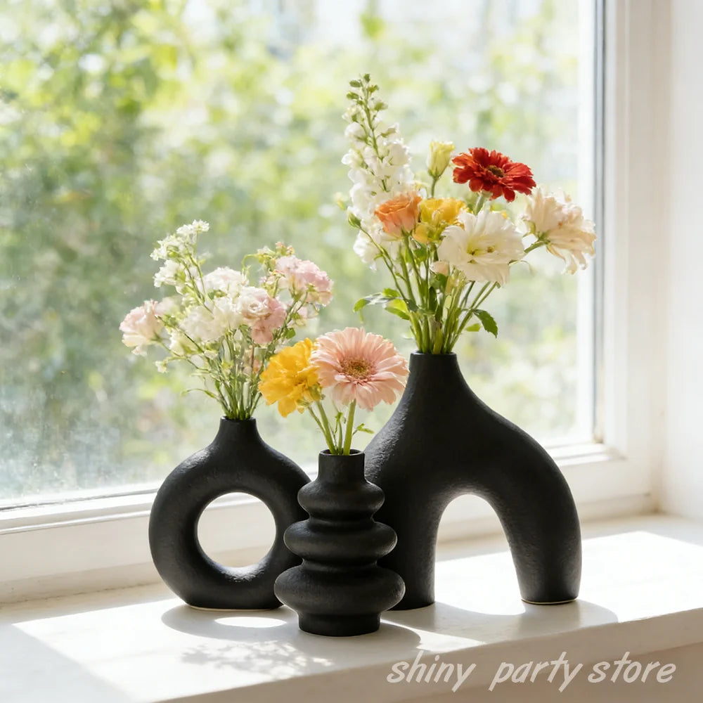 3pcs/set Geometric Vase Plain Fired Ceramic Crafts Home DecorationDesktop Ornaments White Black Flower Vase Window Sill Decor