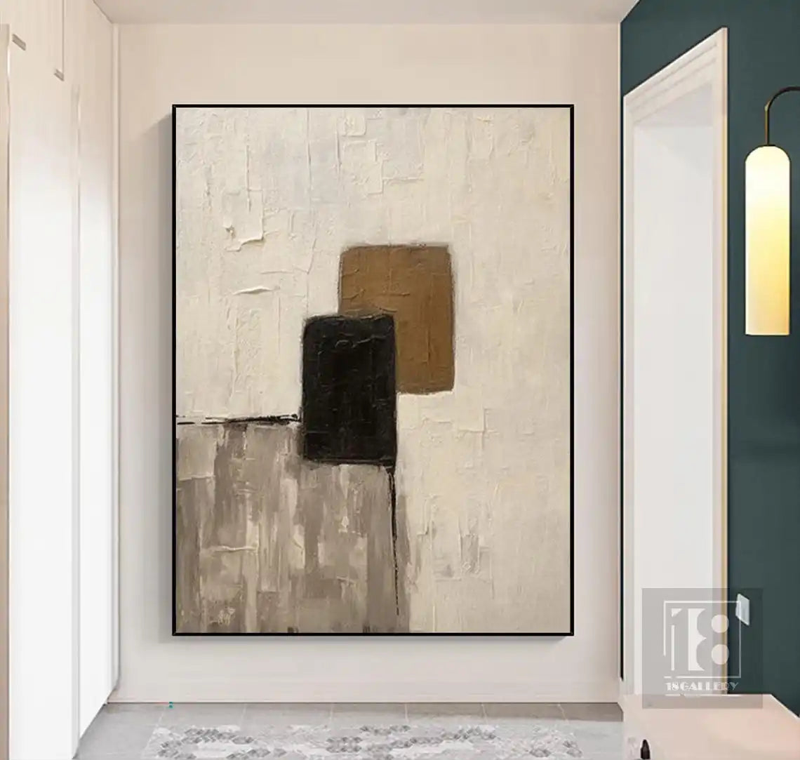 Large Creamy Beige Abstract Geometric Oil Painting Modern Wabi Sabi Wall Art Brown Black Minimalist Wall Art Textured Painting