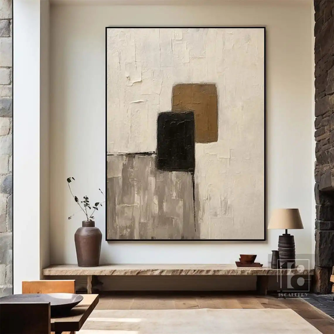 Large Creamy Beige Abstract Geometric Oil Painting Modern Wabi Sabi Wall Art Brown Black Minimalist Wall Art Textured Painting
