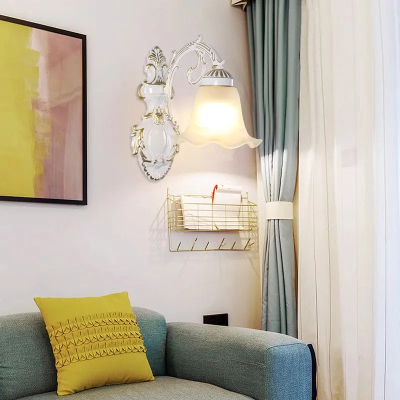 European Wall Lamp LED Sconce Light E27 Retro Metal White Glass Shade For Living Room Home Corridor Indoor Decorative Lighting