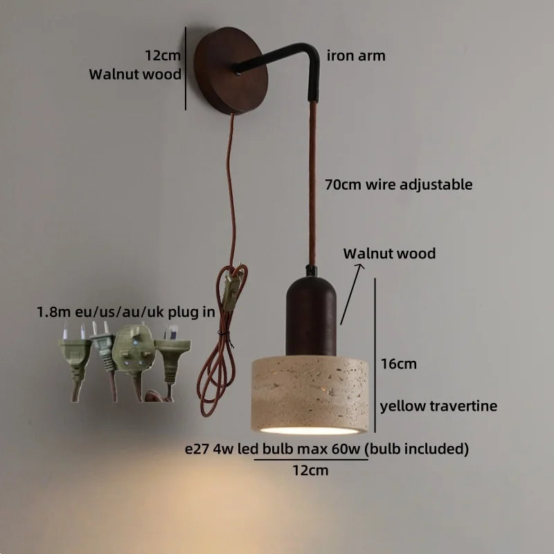 IWHD Pull Chain Switch LED Wall Lights Indoor Bedroom Balcony Wood Yellow Stone Shade Wire Adjustable Bedside Lamp Lampara Pared