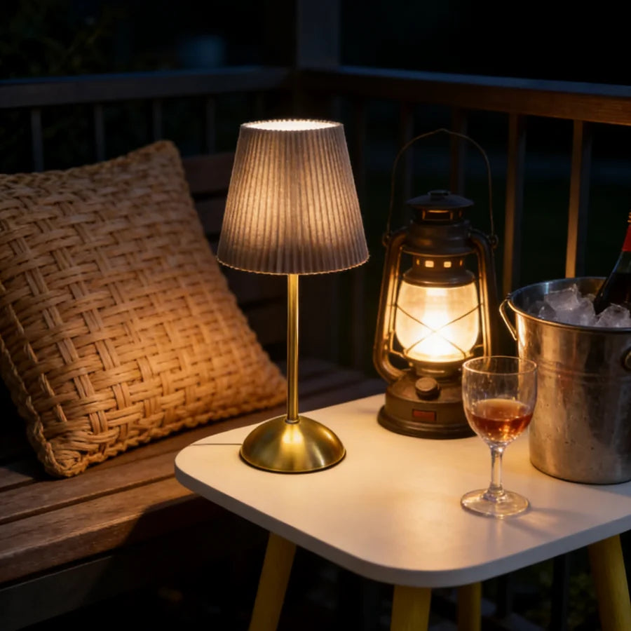 1PC Beige Pleated Fabric Table Lamp, USB Powered Brass Base Night Light, Compact Decor Lamp for Home & Dorm