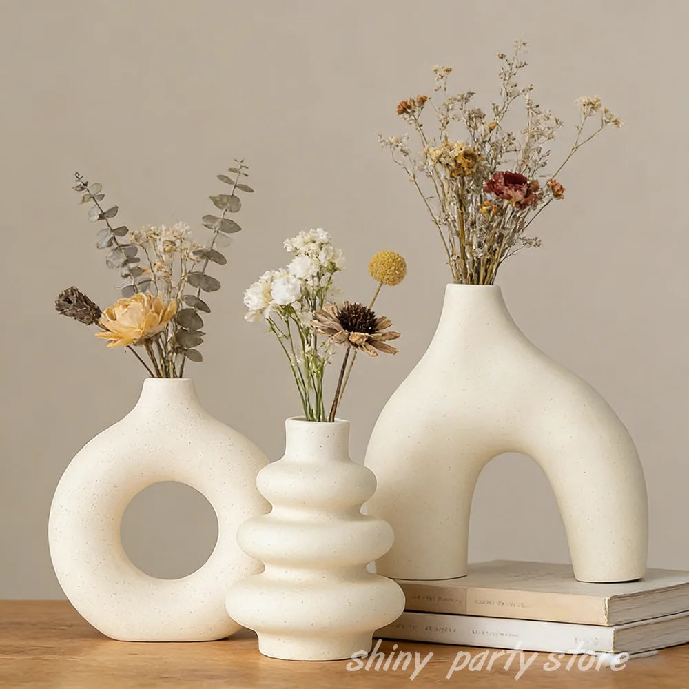 3pcs/set Geometric Vase Plain Fired Ceramic Crafts Home DecorationDesktop Ornaments White Black Flower Vase Window Sill Decor