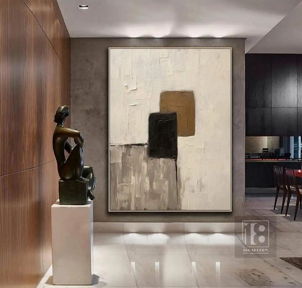 Large Creamy Beige Abstract Geometric Oil Painting Modern Wabi Sabi Wall Art Brown Black Minimalist Wall Art Textured Painting
