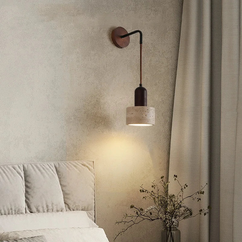 IWHD Pull Chain Switch LED Wall Lights Indoor Bedroom Balcony Wood Yellow Stone Shade Wire Adjustable Bedside Lamp Lampara Pared
