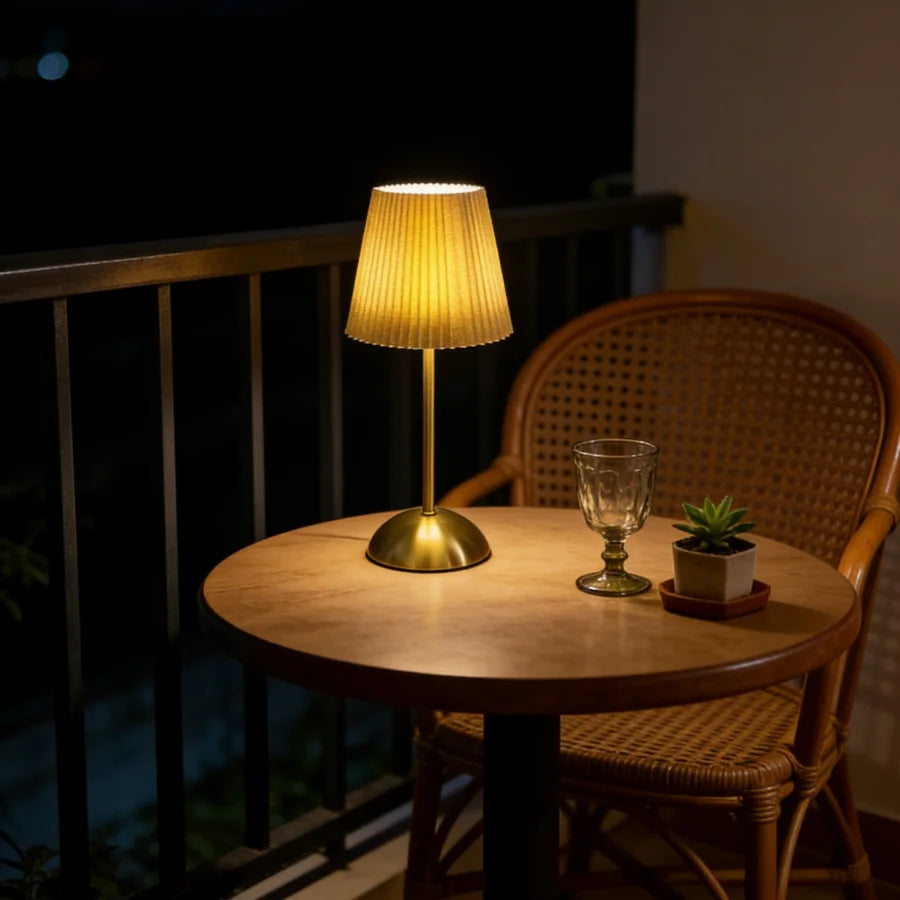 1PC Beige Pleated Fabric Table Lamp, USB Powered Brass Base Night Light, Compact Decor Lamp for Home & Dorm