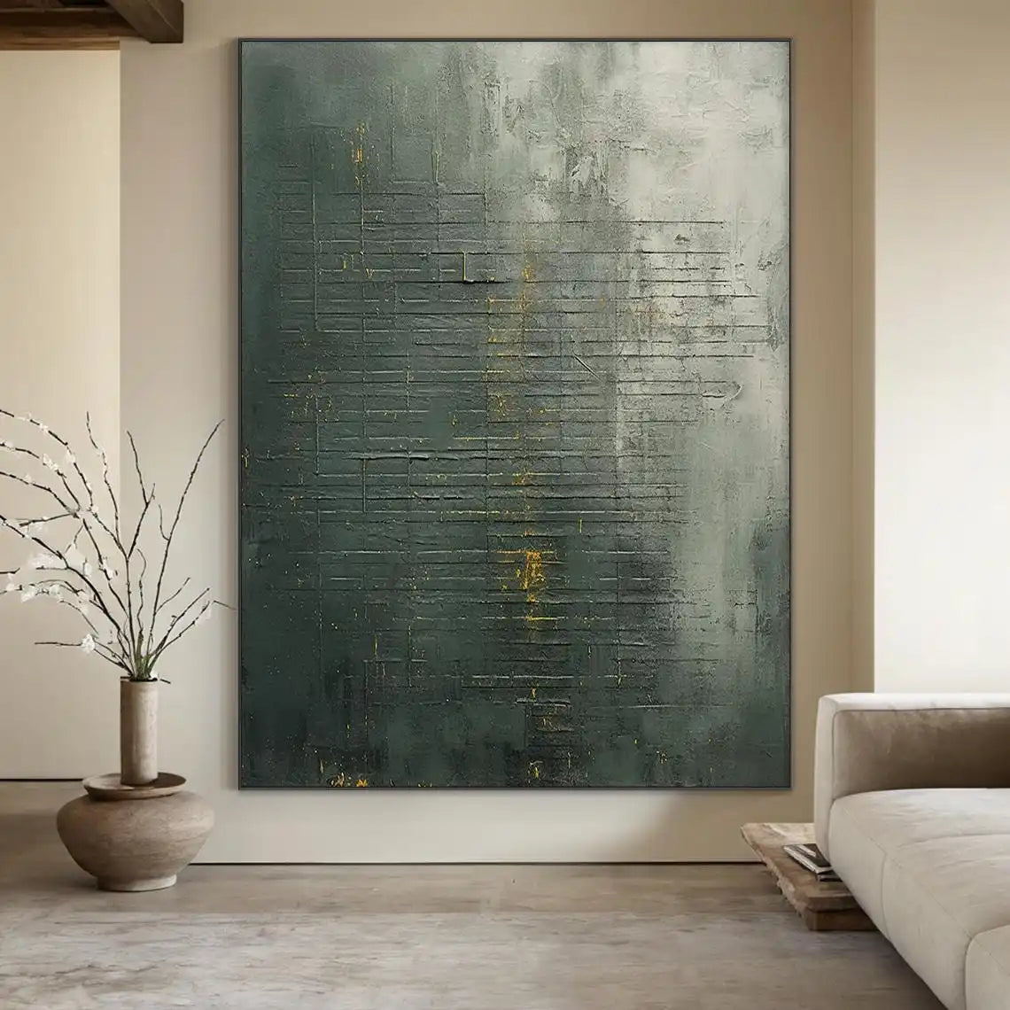 Large Creamy Beige Abstract Geometric Oil Painting Modern Wabi Sabi Wall Art Brown Black Minimalist Wall Art Textured Painting