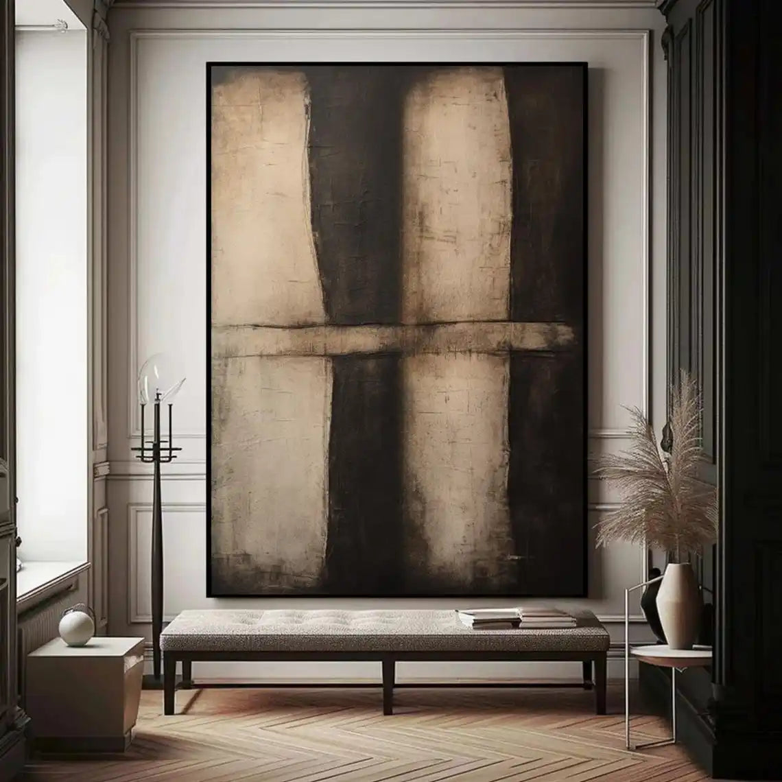 Large Creamy Beige Abstract Geometric Oil Painting Modern Wabi Sabi Wall Art Brown Black Minimalist Wall Art Textured Painting