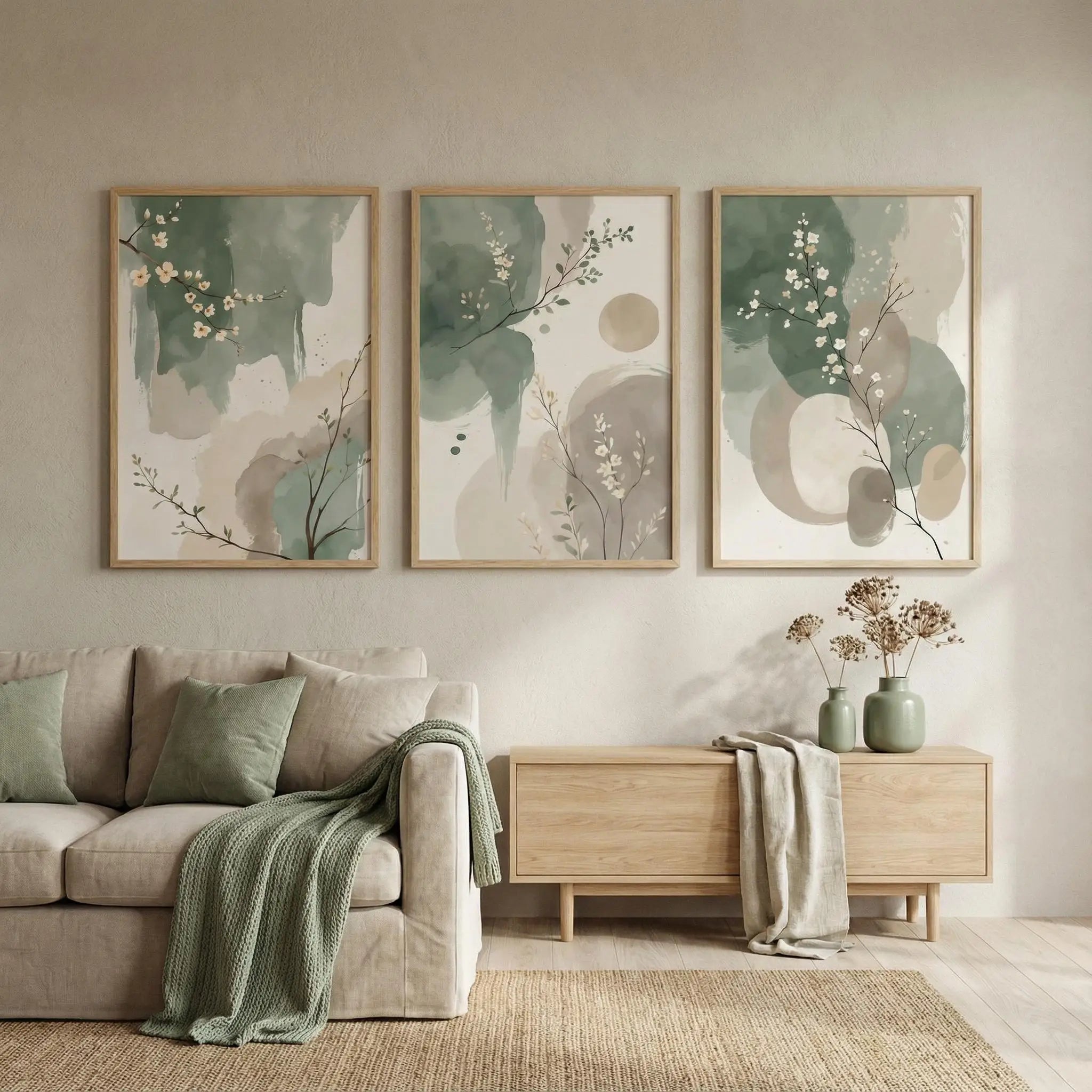 3PC Japandi Botanical Wall Art Poster Abstract Watercolor Leaves Sage Spring Green Beige Prints Modern Zen Decor Home Decor