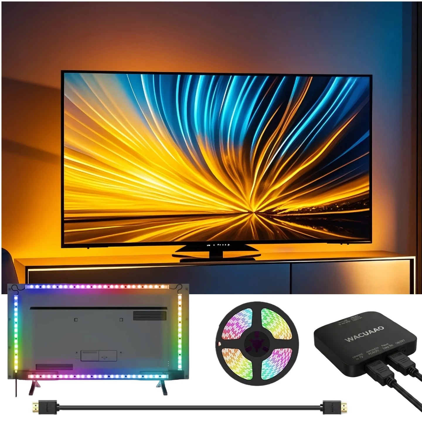 WACUAAO LED HDMI Sync TV Backlight for PS5/Apple TV/Fire Stick, Immersive Gaming Light Strip, Works with External TV Boxes ONLY
