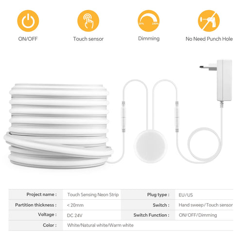 24V Cuttable Neon COB LED Strip Light Dimmable Motion Sensor Hand Scan Touch Dimming Tape Lamp Bedroom Kitchen Cabinet Decor