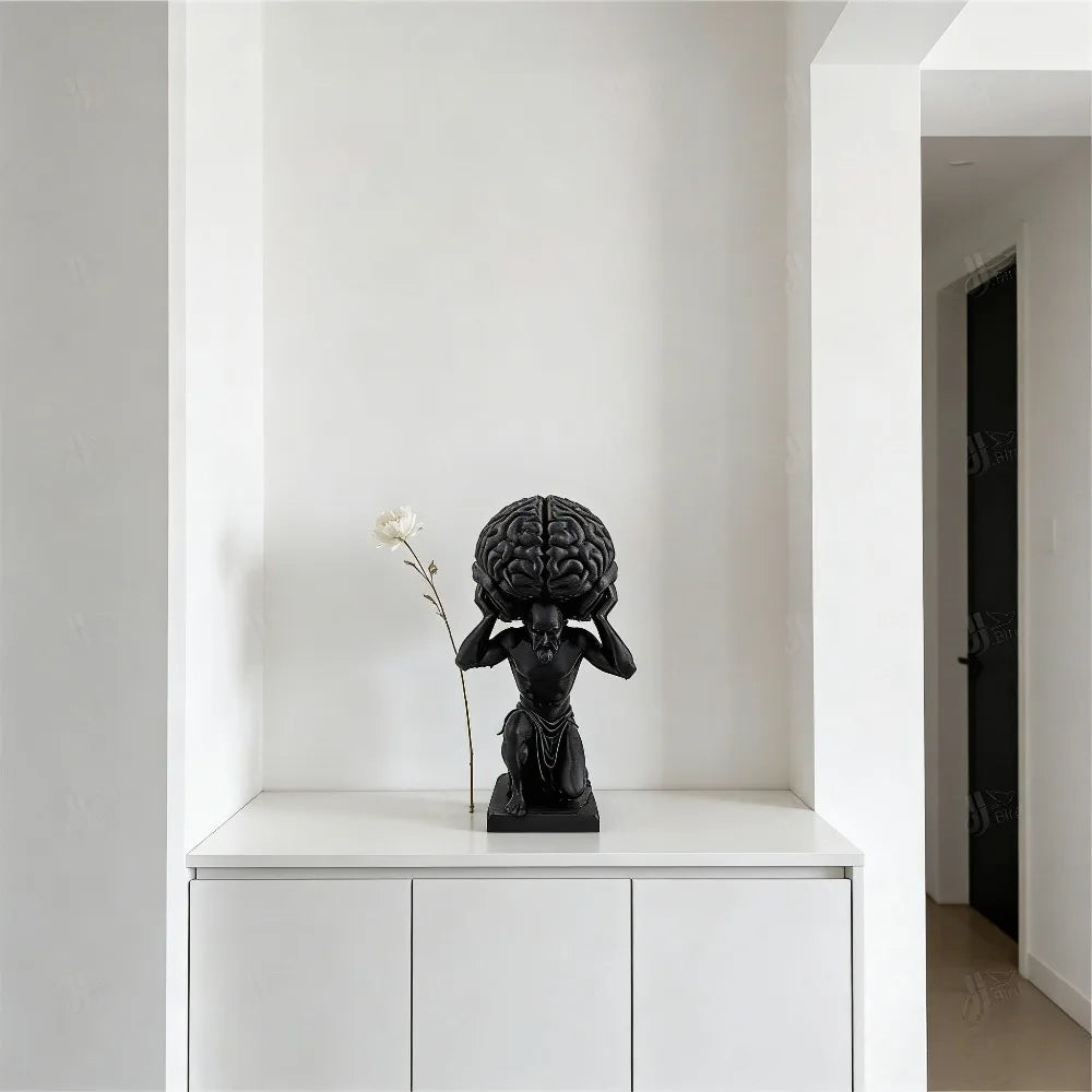 1pc Black "Mind Over Matter" Brain-Bearer Art Figurine, suitable for philosophical study decor & distinctive office display.