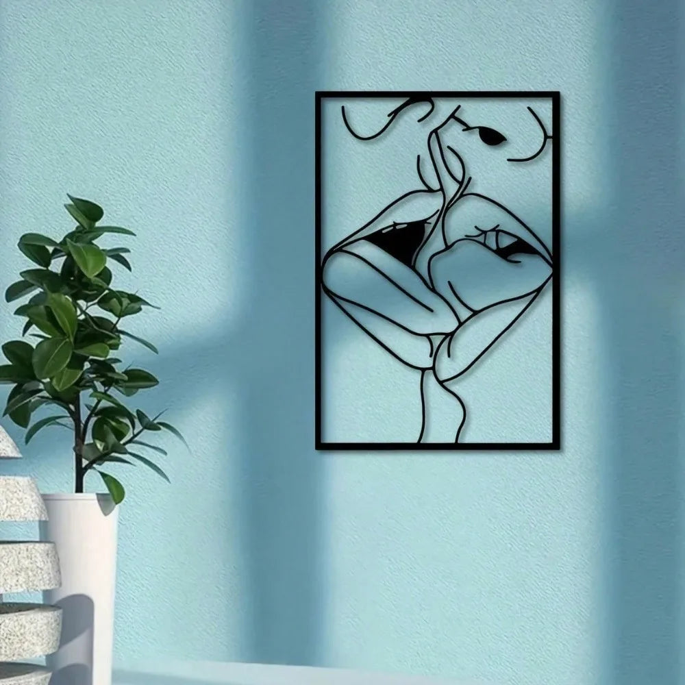 Modern Abstract Renaissance Metal Art - Kissing Couple Line Sculpture, Wrought Iron Indoor Outdoor Decor