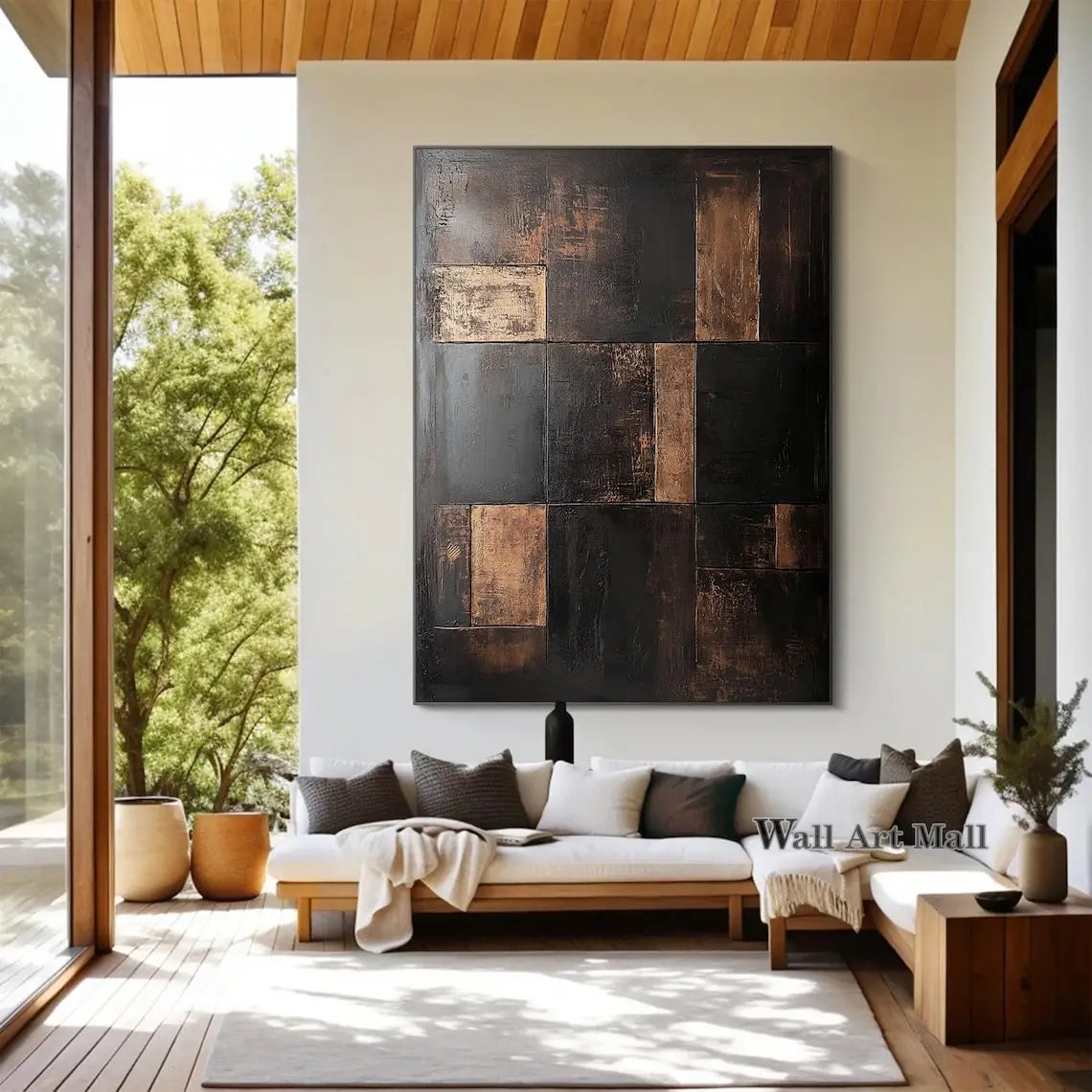 Large Abstract Black and Brown Minimalist Canvas Painting Wabi-sabi Handmade Painting Geometric Painting Gold Texture Wall Art