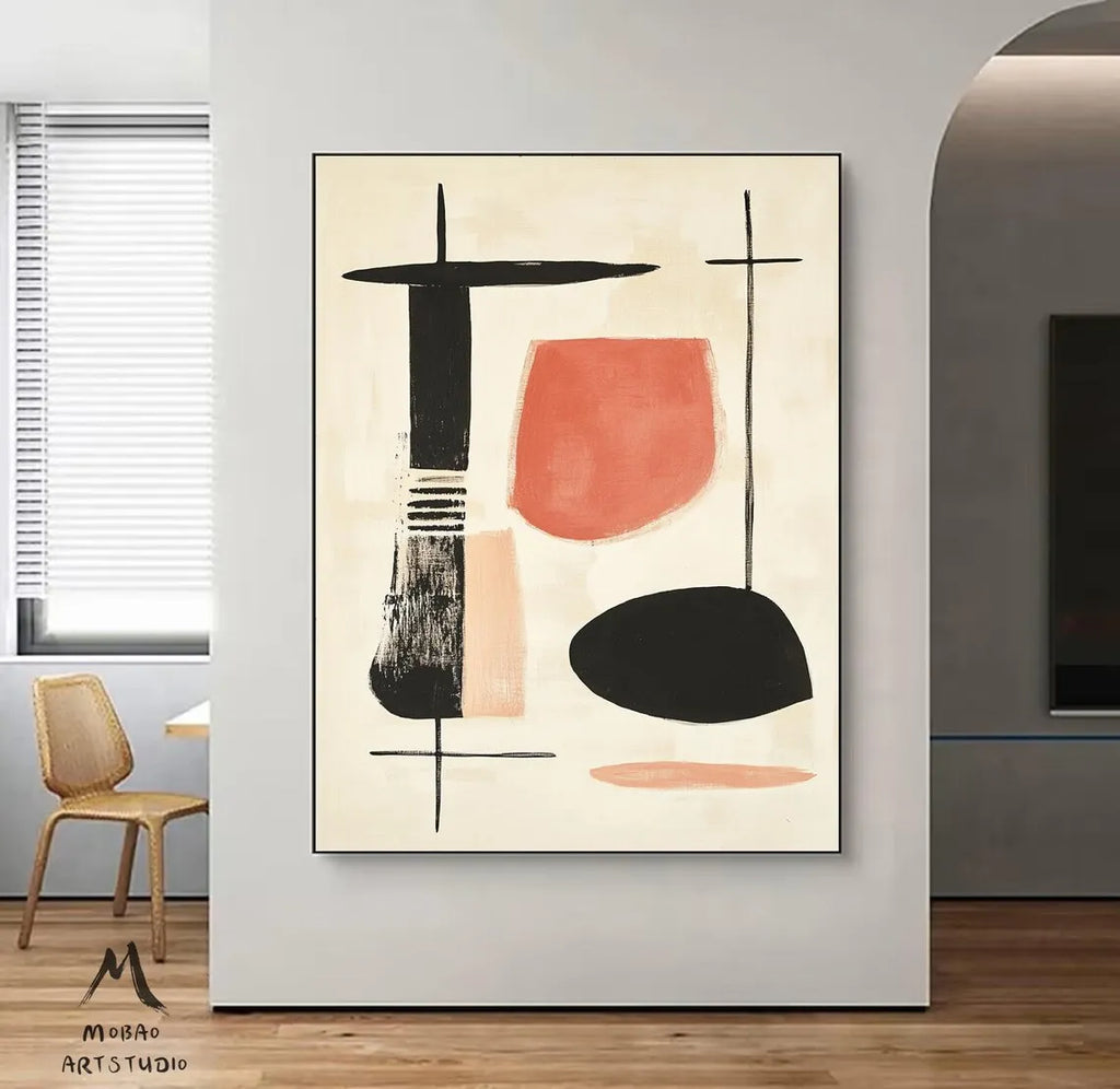 Beige Minimalist Handmade Painting Boho Canvas Wall Art Beige Abstract Painting Black Texture Painting Living Room Wall Decor