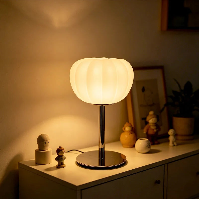 Pumpkin-Shaped Frosted Glass Table Lamp, Chrome Base LED Bedside Lamp for Bedroom, Living Room