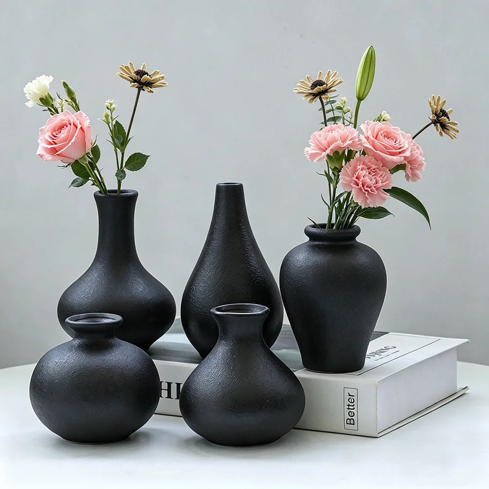 5Pcs Black Ceramic Vase Set Modern Minimalist Matte Flower Vases for Home Deco Living Room Table Centerpiece Wedding Party Decor